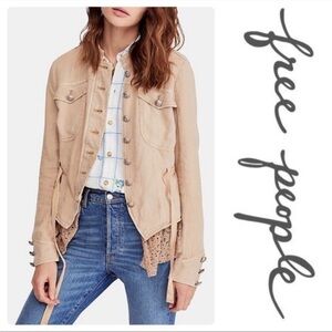 Free People Emilia Jacket Tan Linen Military Lace Hem Sz XS